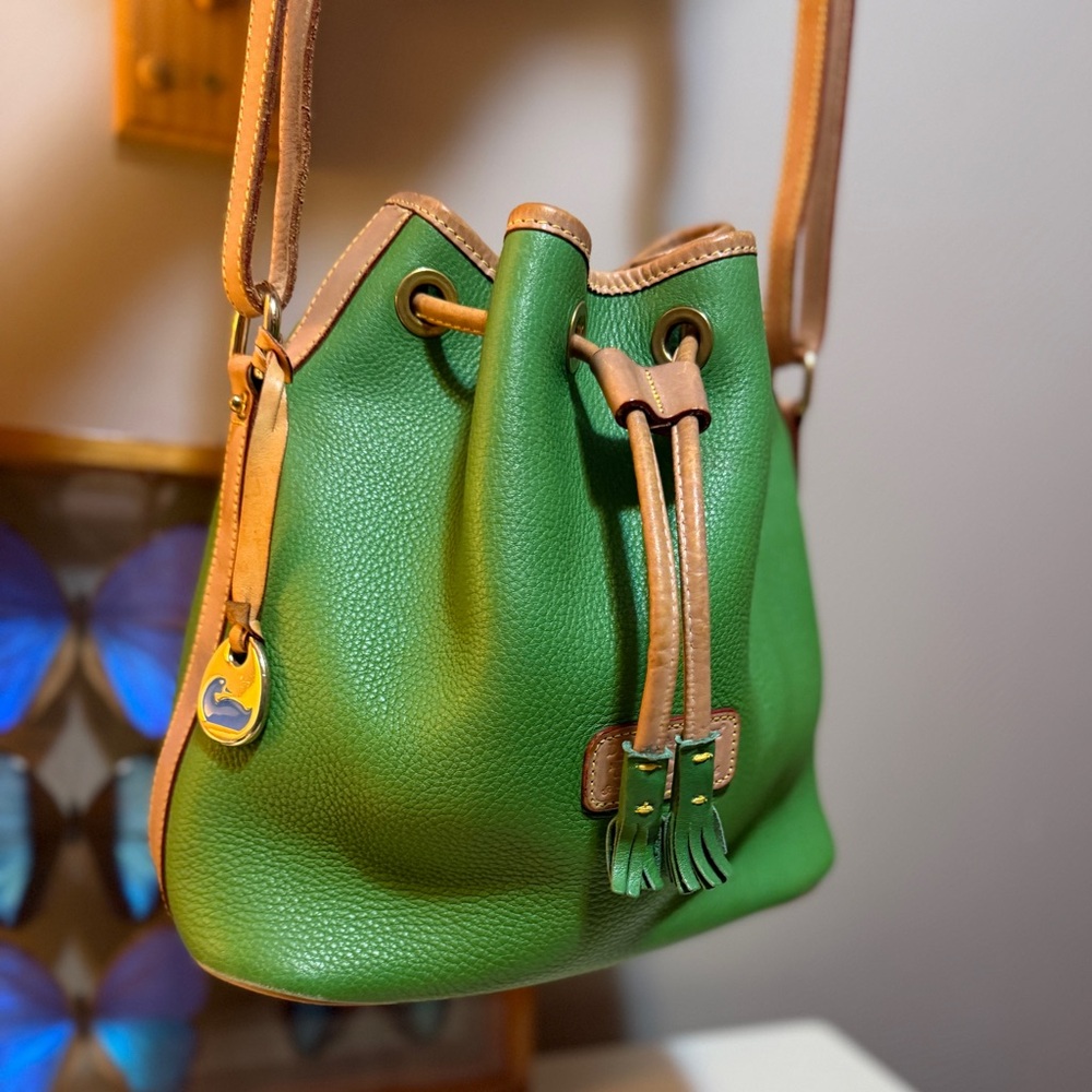 Dooney & Bourke Green Pebbled Leather Drawstring Shoulder Bag with Tan Trim